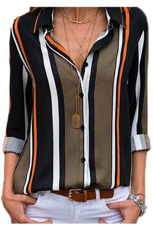 Блуза-рубашка в черно-бело-коричневую полоску
