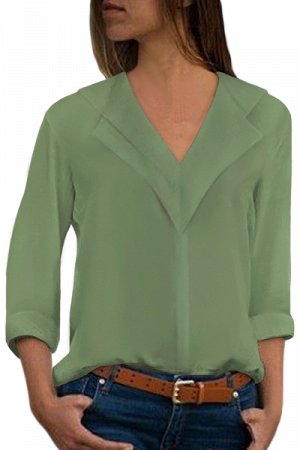 Зеленая блуза с отложным воротником и рукавами с отворотами