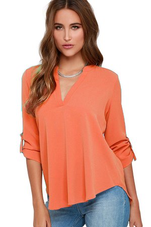 Оранжевая шифоновая блуза с V-образным вырезом