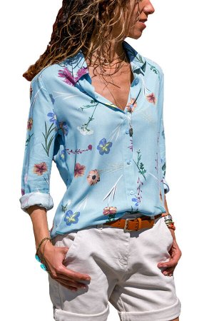 Голубая в цветы блуза-рубашка на пуговицах