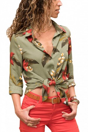Оливковая в цветы блуза-рубашка на пуговицах