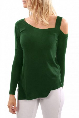 Зеленая блуза с длинными рукавами и вырезом на одном плече