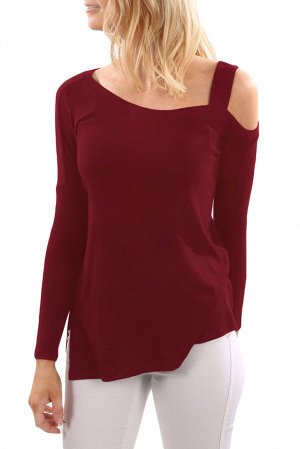Бордовая блуза с длинными рукавами и вырезом на одном плече
