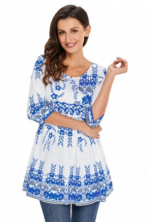 Сине-белая удлиненная блуза с растительным принтом