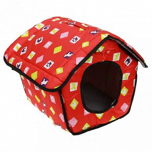 Домик для кошек и собак набор 3шт: 42,5х40х37см, 37х25х31см, 31,5х23х25см "Собаки-принт" ткань, поролон, на молнии, складной, красный (Китай)