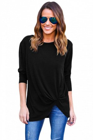 Черная свободная блуза с асимметрично собранным низом и длинными рукавами