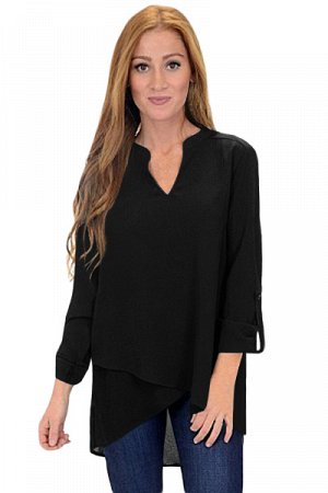Черная блуза с асимметричным краем и хлястиками на рукавах