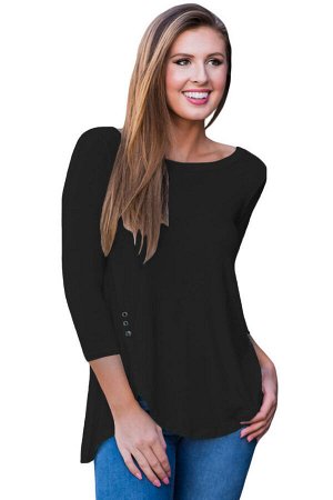 Черная блуза с удлинением сзади и боковыми разрезами на кнопках