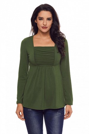 Защитно-зеленая блуза-бебидолл с квадратным вырезом и сборками на груди