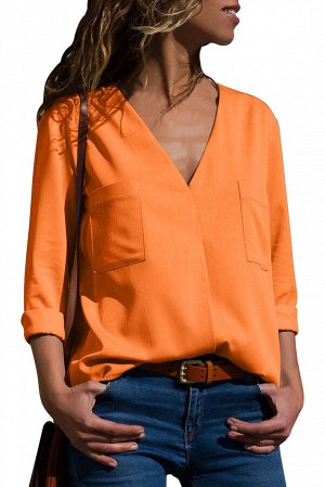 Оранжевая блуза на запах с V-образным вырезом и нагрудными карманами