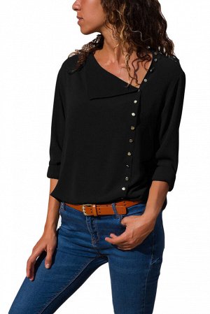 Черная блуза с асимметричной застежкой на пуговицы и отложным воротником
