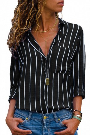 Черная в полоску блуза-рубашка с нагрудным карманом и хлястиками на рукавах