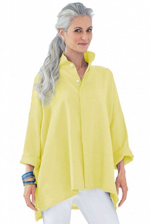 Лимонная свободная блуза на пуговицах и с воротником-стойкой