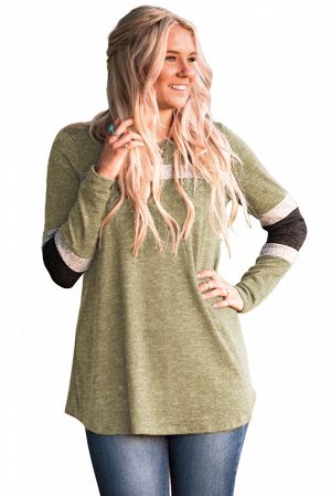 Мшисто-зеленый свитер-туника с полосами на груди и рукавах