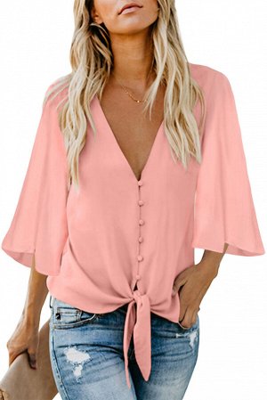 Розовая блузка с широкими рукавами и завязками на талии