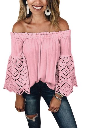 Розовая блуза-крестьянка с пышными ажурными рукавами