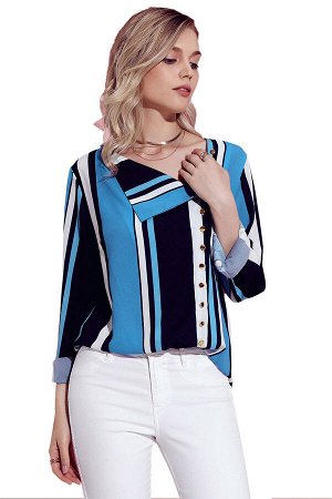 Сине-белая блуза-рубашка с полосатым узором и боковой застежкой на кнопки