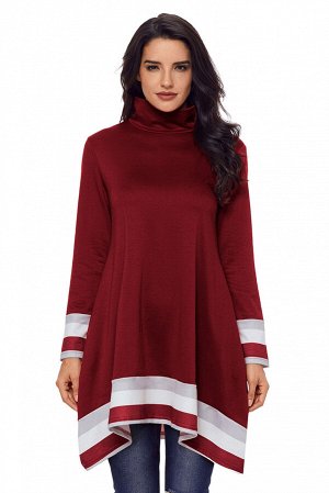 Бордовая расклешенная блуза-туника с карманами и полосатой окантовкой на рукавах и внизу