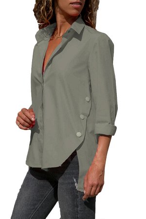Серая блуза-рубашка с удлинением сзади и боковой линией пуговиц