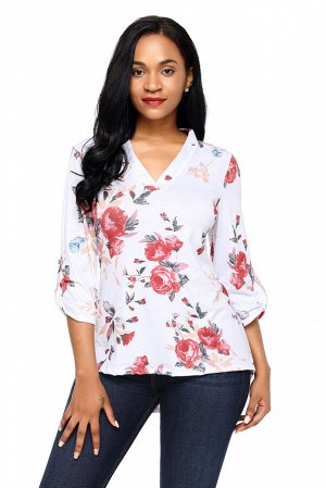Белая блуза с V-образным вырезом и красным цветочным узором