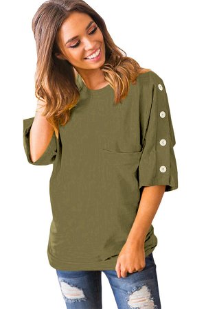 Защитно-зеленая блуза с пуговицами на рукавах и нагрудным карманом