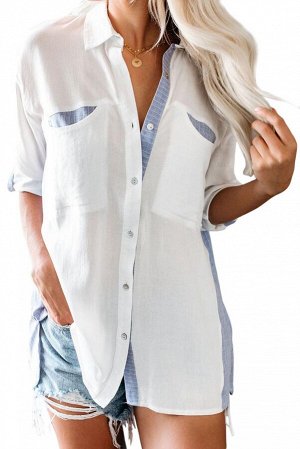 Бело-голубая в полоску блуза-рубашка с нагрудными карманами