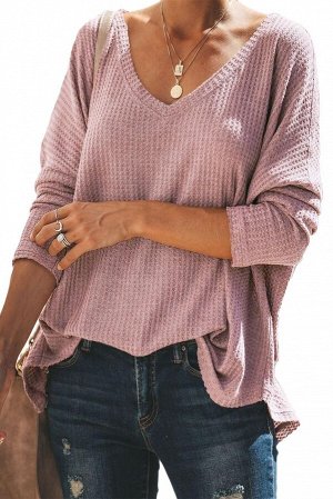 Розовый пуловер с V-образным вырезом и удлинением сзади