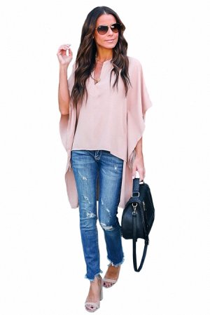 Розовая блуза-туника со сборками по бокам и разновеликим подолом