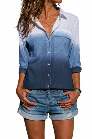 Синяя блуза-рубашка расцветки омбре с отворотами на рукавах
