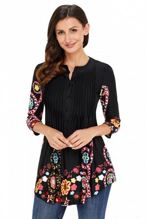 Черная блуза-туника с разноцветным цветочным узором