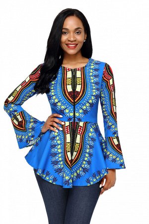 Синяя блуза-бебидолл с африканским орнаментом и "молнией" на груди