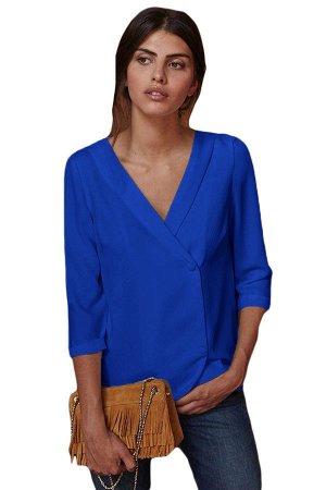 Ярко-синяя блуза с запахом и пуговицами на спине