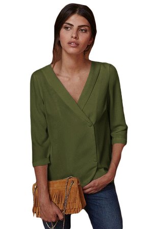 Зеленая блуза с запахом и пуговицами на спине