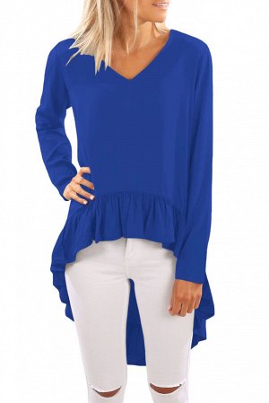 Синяя блуза с V-образным вырезом и удлинением сзади