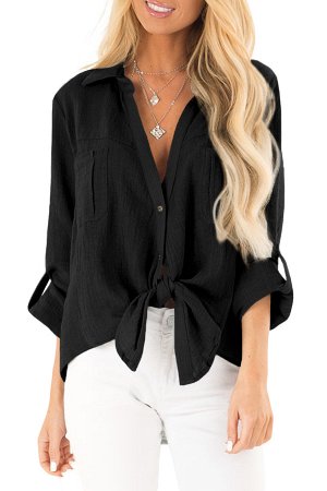 Черная блуза-рубашка с хлястиками на рукавах и узлом на талии