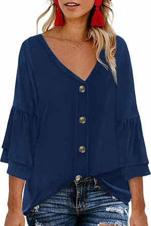 Синяя свободная блуза на пуговицах с двойными воланами на рукавах
