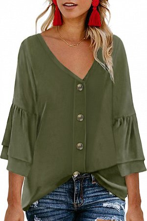 Зеленая свободная блуза на пуговицах с двойными воланами на рукавах