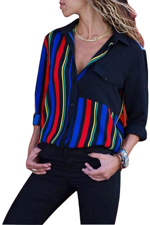 Черная в разноцветную полоску блуза-рубашка с карманом на груди