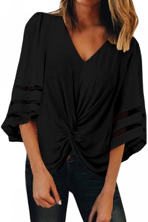 Черная блуза с узлом спереди и прозрачными полосами на рукавах