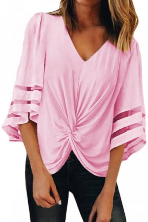 Розовая блуза с узлом спереди и прозрачными полосами на рукавах