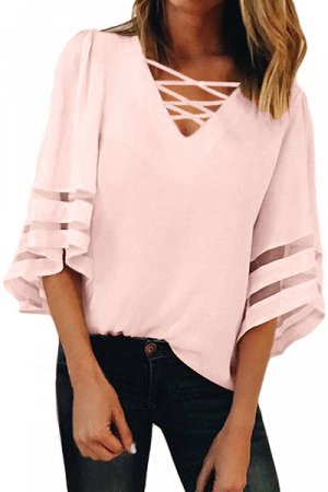 Розовая блуза со шнуровкой на груди и расклешенными рукавами