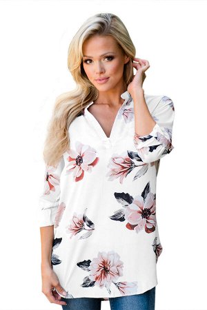 Белая блуза с цветочным узором и удлинением сзади