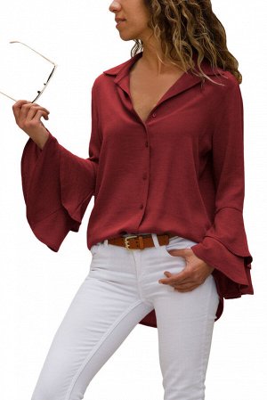 Бордовая блуза-рубашка с двойными воланами на рукавах