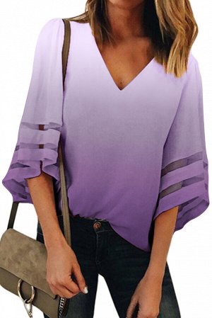 Сиреневая блуза расцветки омбре с прозрачными полосами на широких рукавах