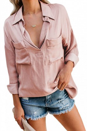 Розовая удлиненная блуза-рубашка с нагрудными карманами