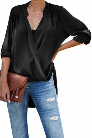 Черная удлиненная сзади блуза с запахом и хлястиками на рукавах