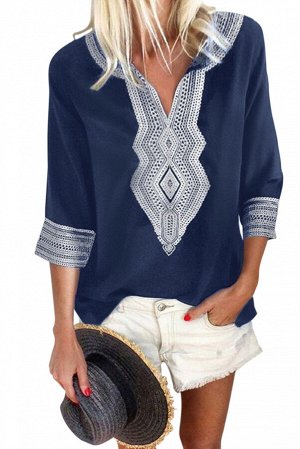 Синяя удлиненная блуза с вышивкой в стиле бохо