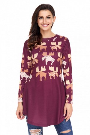 Темно-розовая блуза с рождественским узором из оленей и карманами