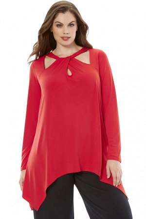 Красная блуза-туника с асимметричным низом и фигурным вырезом