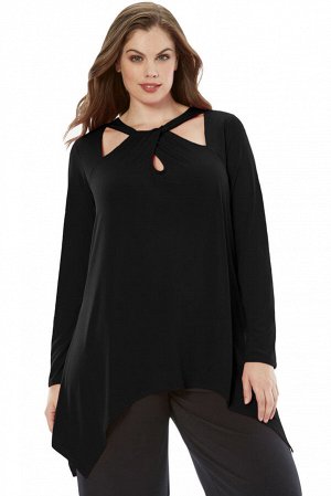 Черная блуза-туника с асимметричным низом и фигурным вырезом